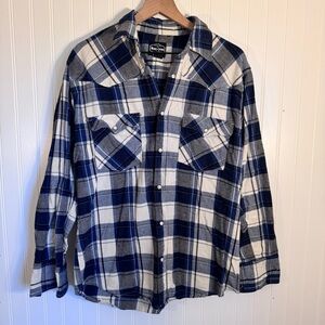 Work N Sport Plaid Flannel Snap Button Down Men’s Blue & Gray Size Large